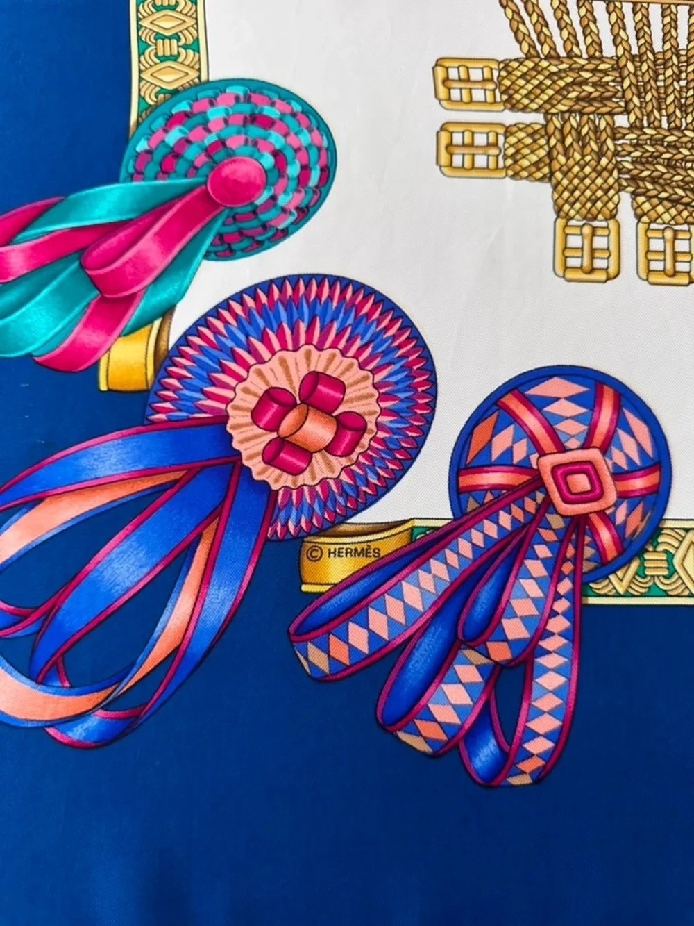 Hermes Silk Scarf Carré 90 Blue White Hand Rolled Made in France